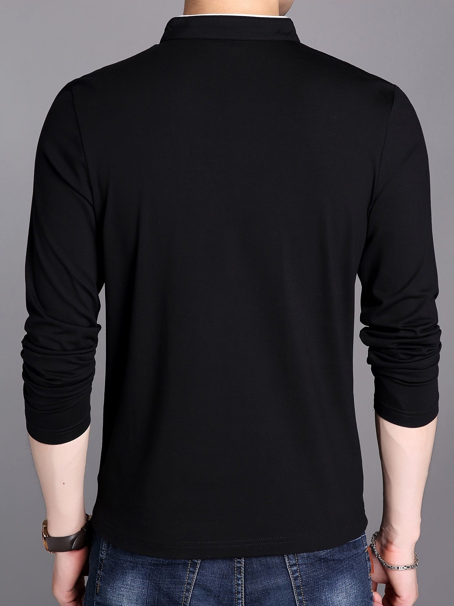 Men's long-sleeve shirt with stand-up collar and button placket