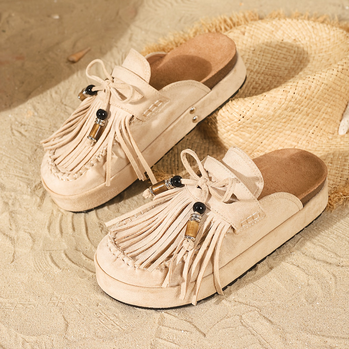 Women's Vintage Moccasin Sandals with Fringe and Beads for Summer