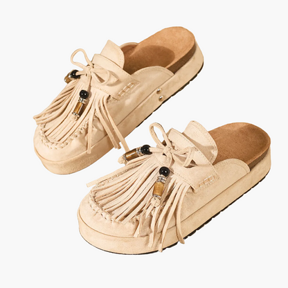 Women's Vintage Moccasin Sandals with Fringe and Beads for Summer
