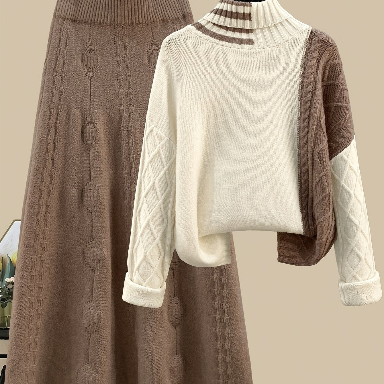 Women's knitted set with a turtleneck sweater and midi skirt