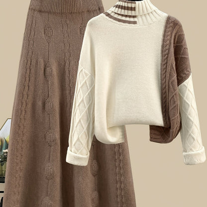 Women's knitted set with a turtleneck sweater and midi skirt