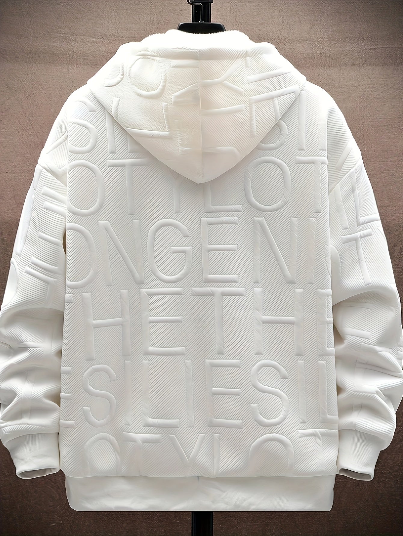 Unisex hooded jacket with fleece lining and raised lettering, zipper, kangaroo pockets, in black