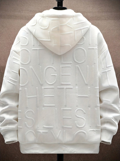Unisex hooded jacket with fleece lining and raised lettering, zipper, kangaroo pockets, in black