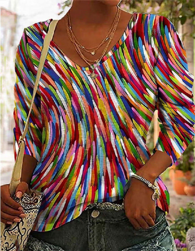 Damen Künstlerisches Retro Pullover Shirt mit Geometrischem Print – Bequemes Freizeitoberteil im Kunststil