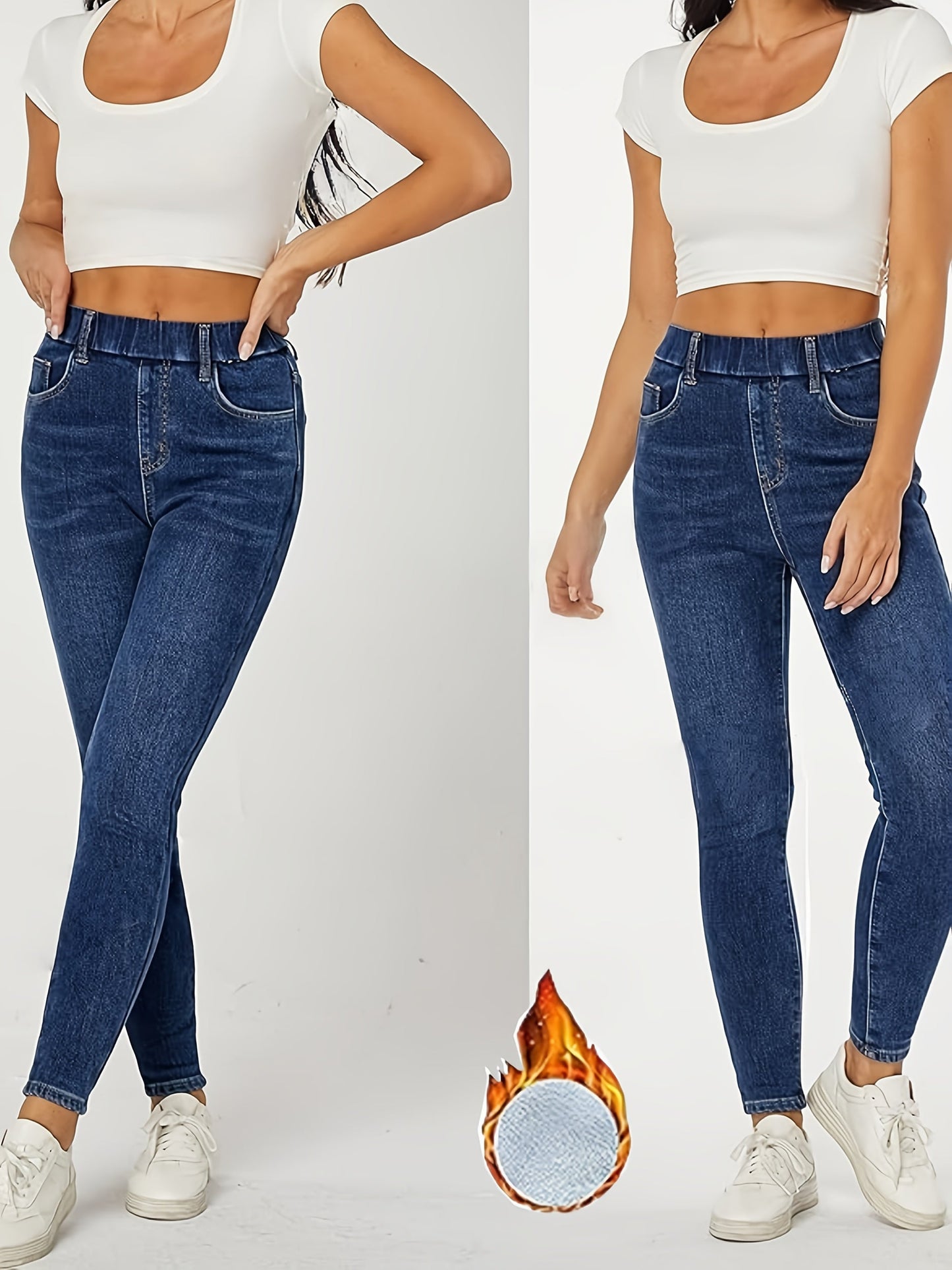 Lined women's skinny-fit jeans, dark blue stretch thermal jeans