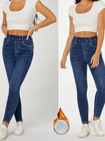 Lined women's skinny-fit jeans, dark blue stretch thermal jeans