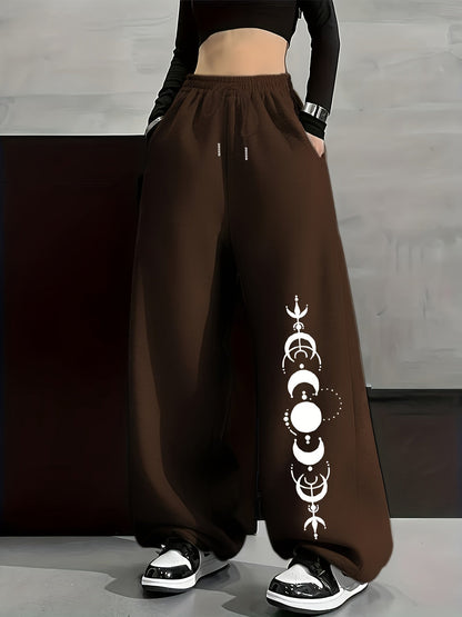 Wide-leg lounge pants with moon phase pattern, elastic waistband