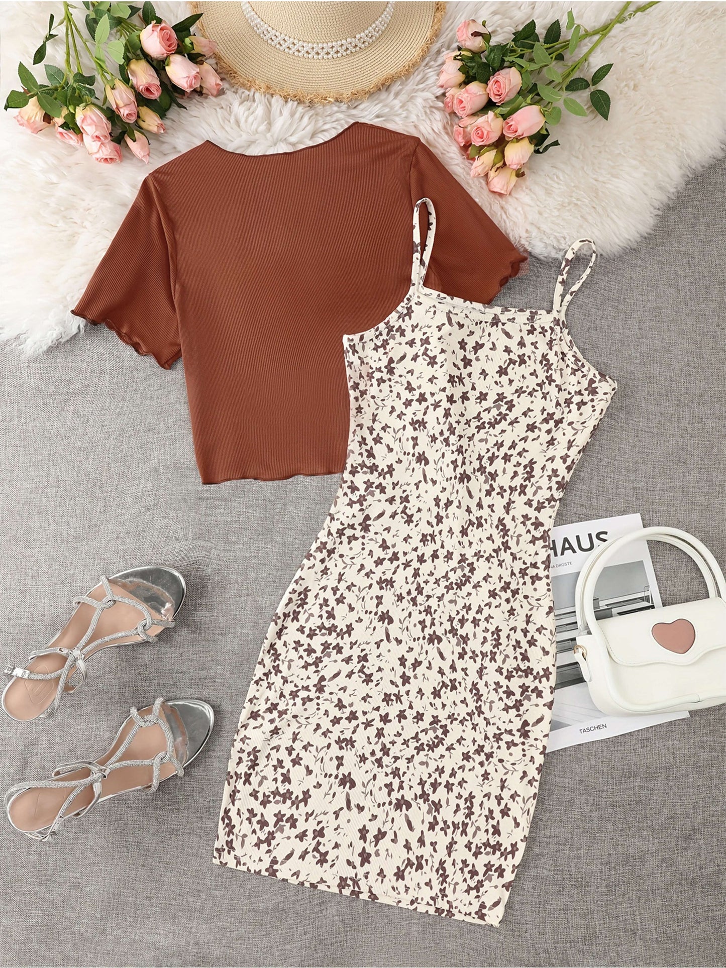 Women's Elegant 2-Piece Set – Floral Summer Dress with Spaghetti Straps and Knot Top, Perfect for Casual and Going Out
