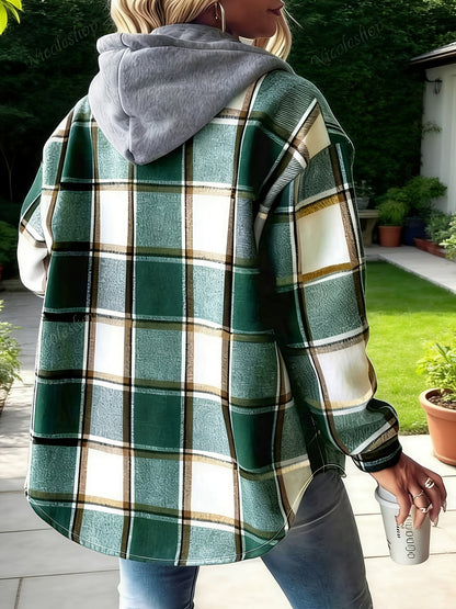 Plaid women’s jacket with hood, green and white, oversized fit