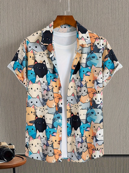 Herren Kurzarm Freizeithemd mit buntem Katzen-Comic-Muster – Verspieltes Sommerhemd für Alltag und Urlaub