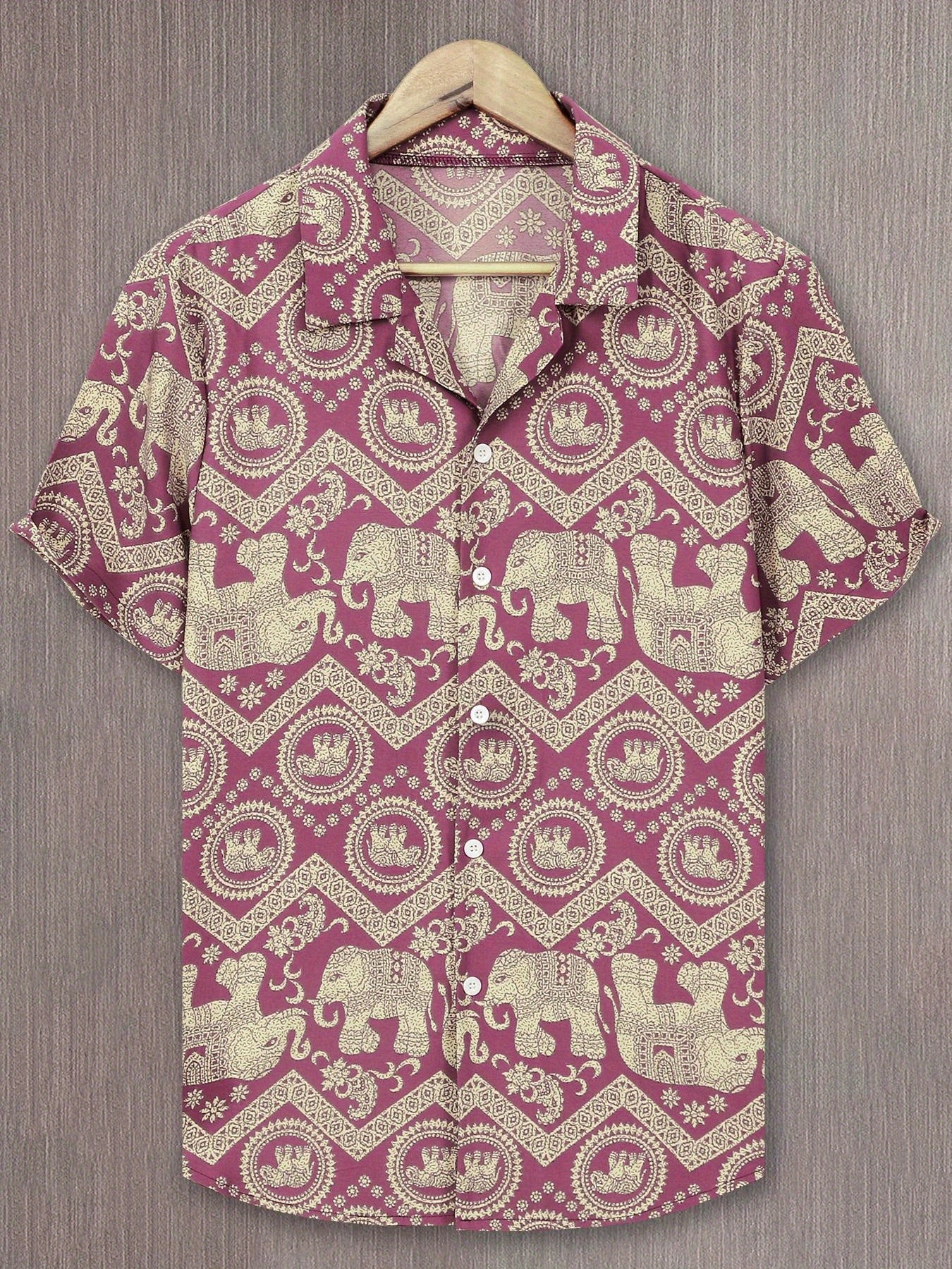 Men's Resort Shirt with Elephant and Mandala Print, Short Sleeve, Casual and Summer Style
