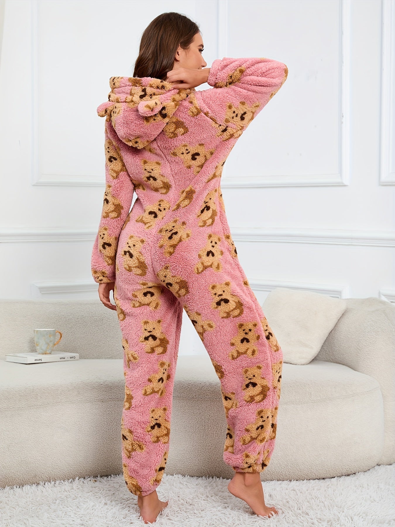Women's fluffy sleep jumpsuit with zipper, hood, and bear pattern
