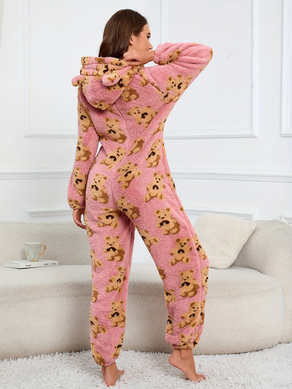 Women's fluffy sleep jumpsuit with zipper, hood, and bear pattern