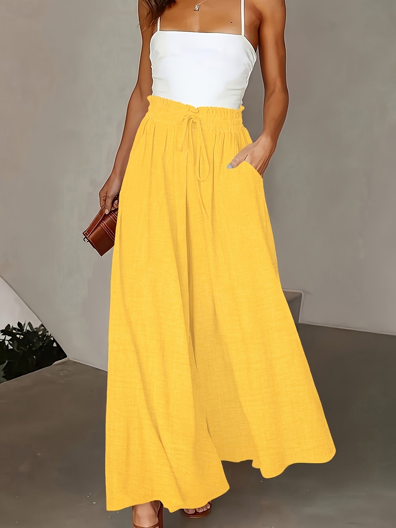Women's Elegant Wide High Waist Palazzo Pants with Pockets – Perfect for Office & Leisure