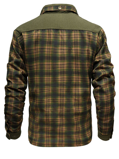 Men’s winter jacket, stand-up collar, checkered, fleece lining, green