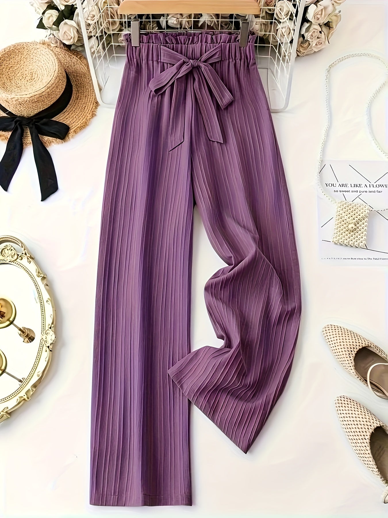 Women's Elegant Pleated Pants with Bow Waist, Wide Leg, Perfect for Spring and Summer, Casual and Office