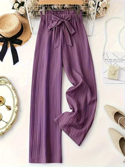 Women's Elegant Pleated Pants with Bow Waist, Wide Leg, Perfect for Spring and Summer, Casual and Office