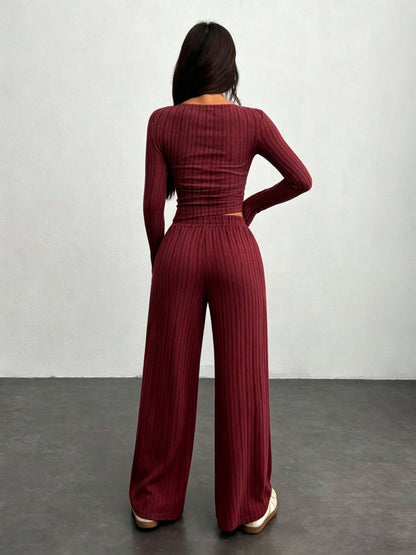 Ribbed loungewear set for women, long-sleeve crop top and wide-leg pants