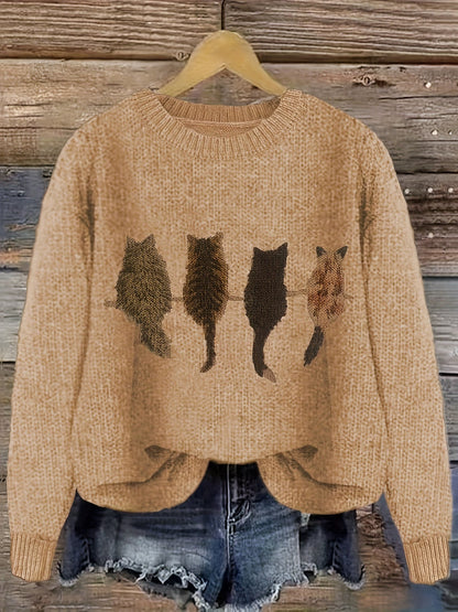 Women's knitted sweater with round neckline and cat motif