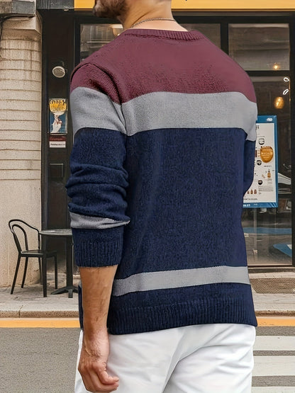 Herren Grobstrick Pullover mit Zopfmuster, farbblockiert, Rundhalsausschnitt
