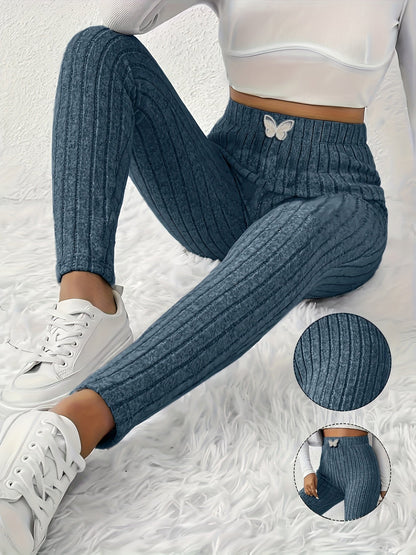 Ribbed leggings for women, high-waisted, slim fit, butterfly detail