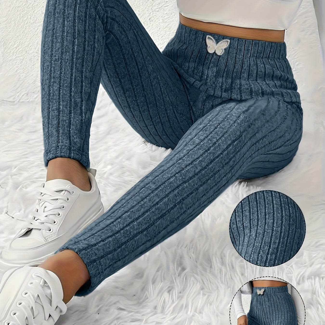 Ribbed leggings for women, high-waisted, slim fit, butterfly detail