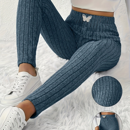 Ribbed leggings for women, high-waisted, slim fit, butterfly detail