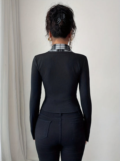 Women's black long-sleeve top with a checked blouse look