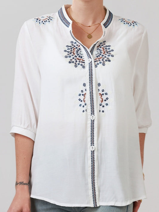 Women's Elegant Embroidered Blouse with 3/4 Sleeves – Perfect for Office and Leisure