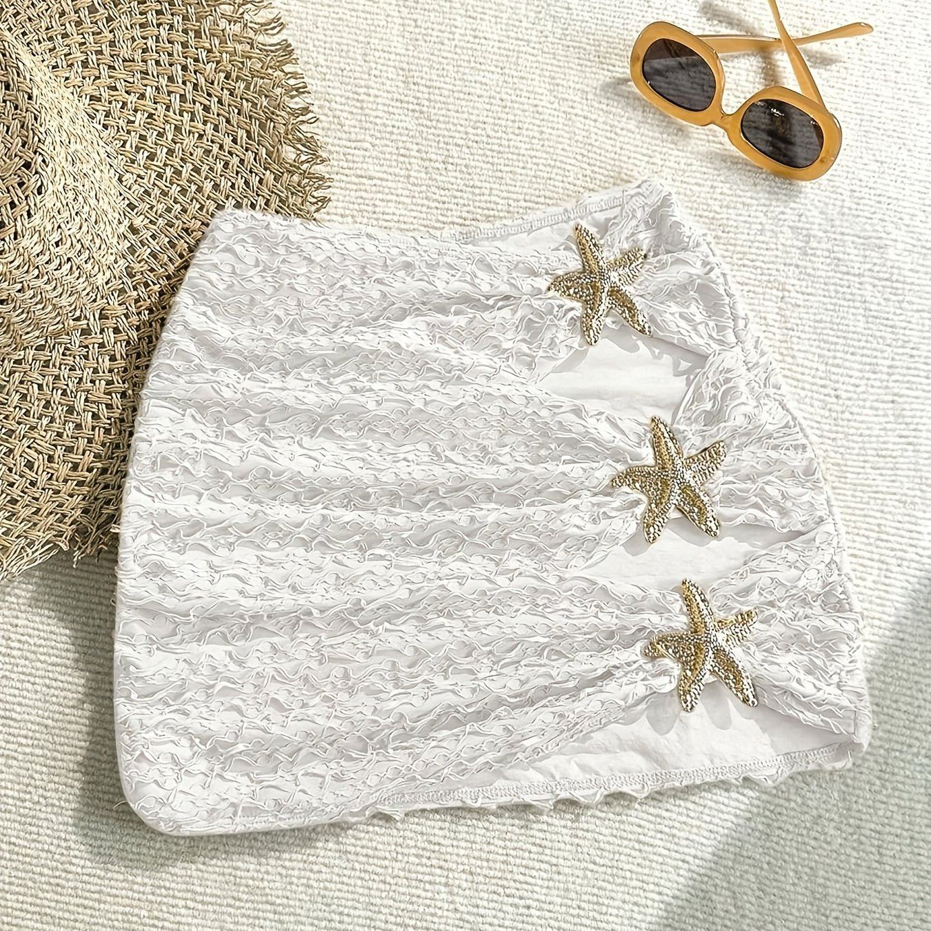 Women's Mini Beach Skirt with Starfish Decoration and Cut-Outs – Summer Beachwear Boho Style