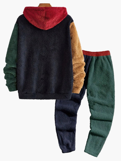 Men's Colorblock Relaxation Clothing Set with Hooded Sweatshirt and Sweatpants – Contemporary Leisure Outfit for Autumn & Winter
