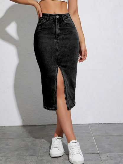 Women's High Waist Denim Skirt with Slit – Fashionable Casual Style for Everyday & Leisure
