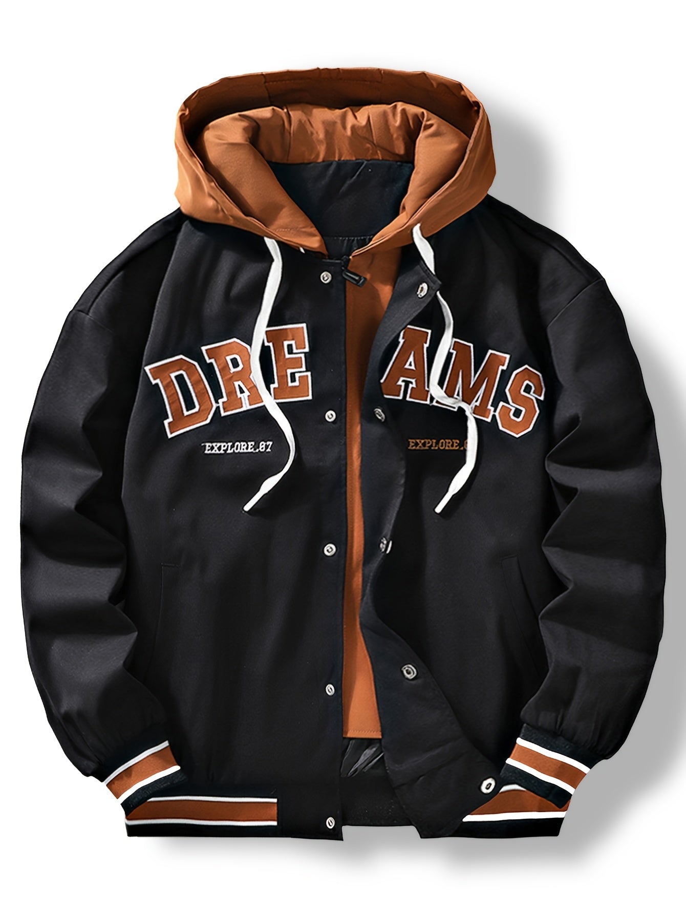 Men's varsity jacket with a hood and DREAMS lettering