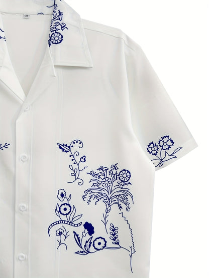 Men's Short-Sleeve Resort Shirt with Artistic Embroidery and Modern Floral Pattern – Stylish for Summer and Vacation