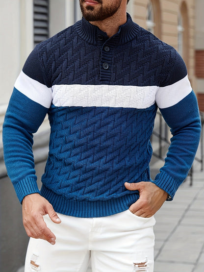 Herren Grobstrick Pullover mit Stehkragen & Knopfleiste, Farbblock-Design, Langarm