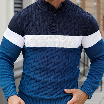 Herren Grobstrick Pullover mit Stehkragen & Knopfleiste, Farbblock-Design, Langarm