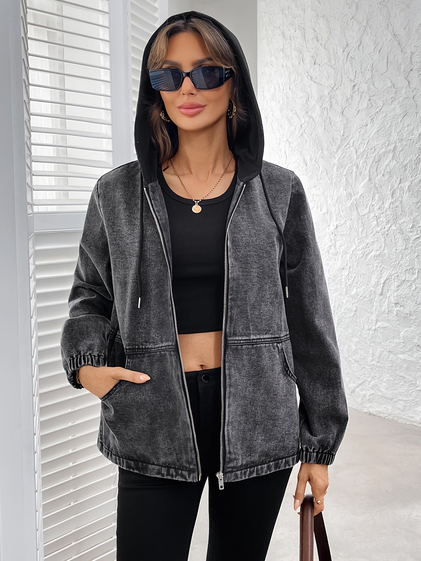 Damen Jacke mit Kapuze und Reißverschluss, Washed-Effekt Grau, Elastische Ärmelbündchen