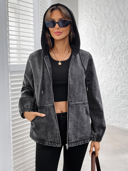 Damen Jacke mit Kapuze und Reißverschluss, Washed-Effekt Grau, Elastische Ärmelbündchen