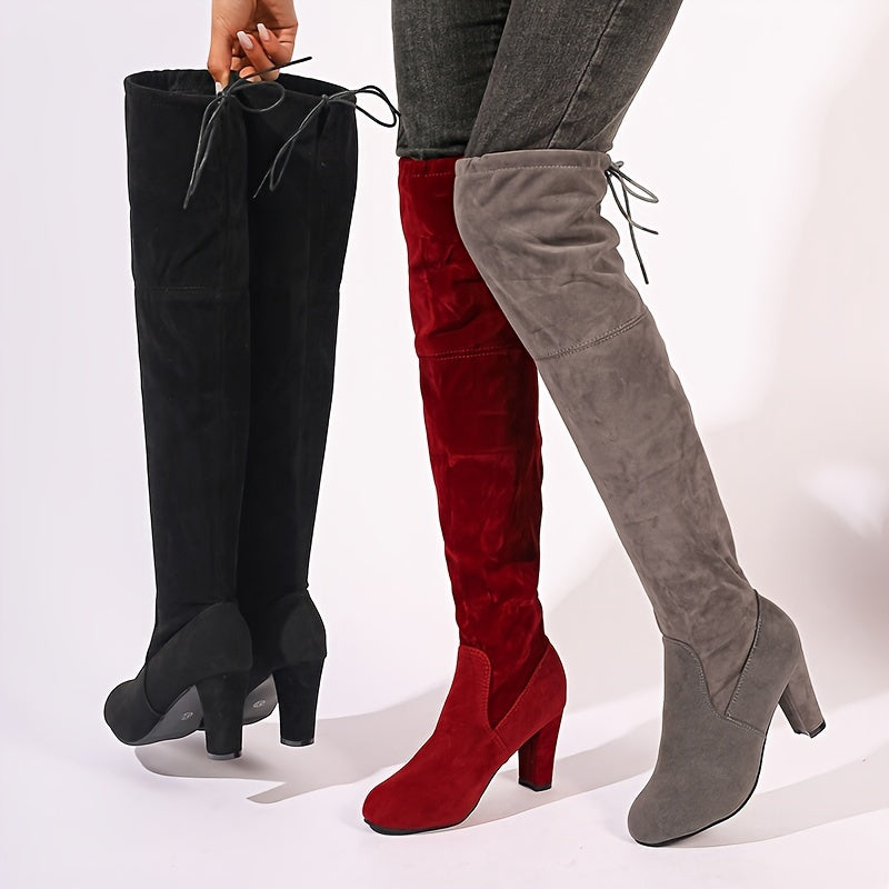 Damen Overknee Stiefel mit Blockabsatz und Schnürung
