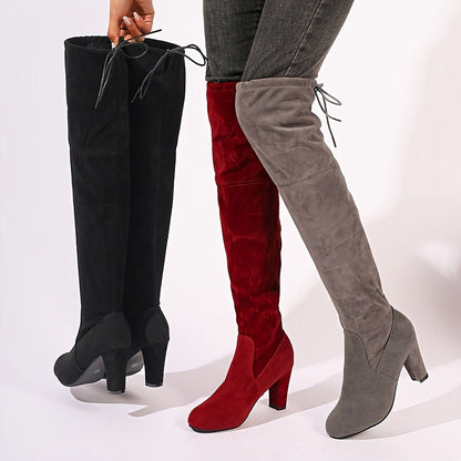 Damen Overknee Stiefel mit Blockabsatz und Schnürung
