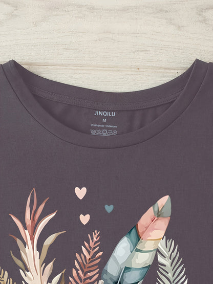Women's T-Shirt with Floral Feather Graphic – Casual Summer Style