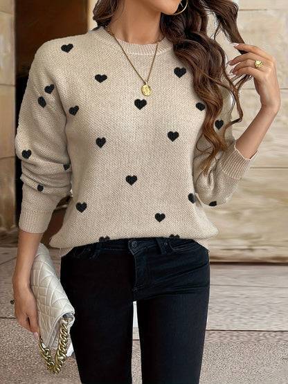 Damen Strickpullover mit Herzmuster Rundhals Langarm