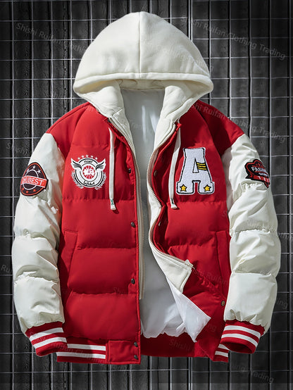 Unisex Winter Jacke im College-Stil mit abnehmbarer Kapuze, Kontrastärmeln & Patches