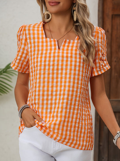 Women's Elegant Checked Blouse with Neckline – Perfect for Spring & Summer