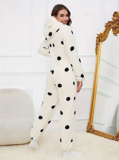 Women's fluffy sleep jumpsuit with zipper, hood, and bear pattern