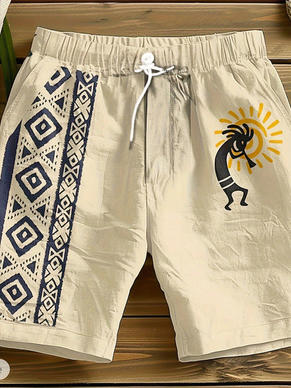 Men's casual shorts with ethnic pattern and flute player motif – summer, vacation & beachwear