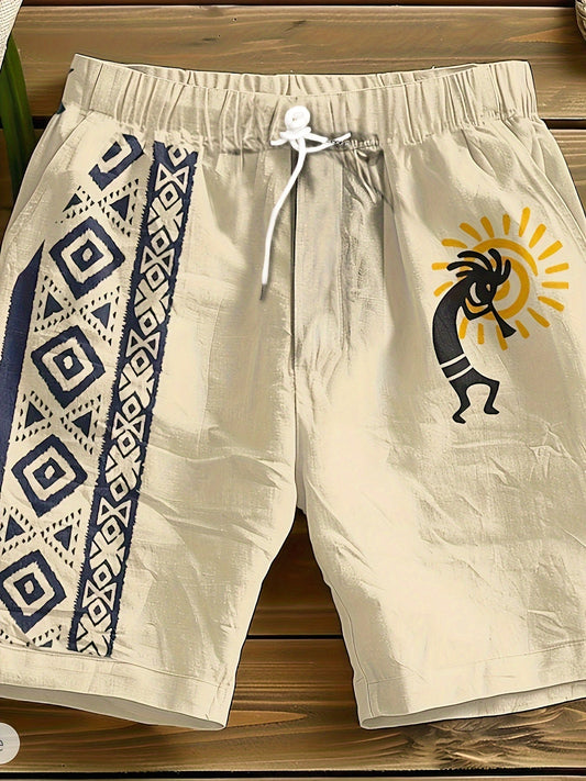 Herren Freizeitshorts mit Ethno-Muster und Flötenspieler-Motiv – Sommer, Urlaub & Strandmode