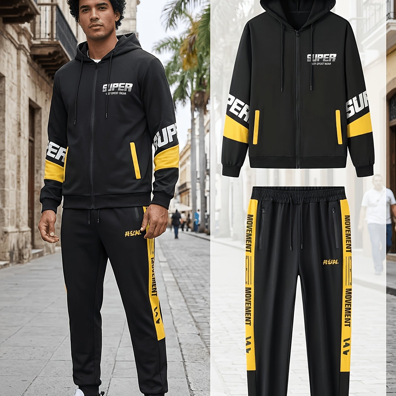Men's sports tracksuit with a zip-up hooded jacket and striped joggers
