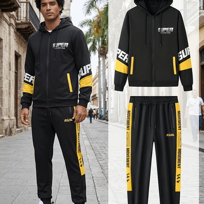 Men's sports tracksuit with a zip-up hooded jacket and striped joggers