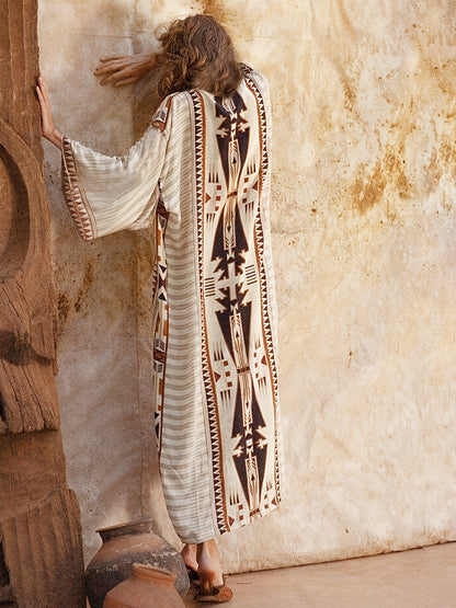 Women's Boho Maxi Dress with Ethnic Pattern – Casual Kaftan Beach Dress for Vacation and Leisure